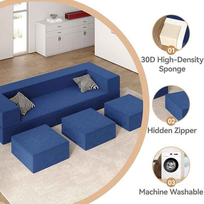 80'' Folding Sofa Bed Velvet Floor Couch Bed with 3Ottomans&amp Washable Cover Memory Foam Couch Fold Out Futon Sleeper for Guest/Living Room/Playroom Queen Blue