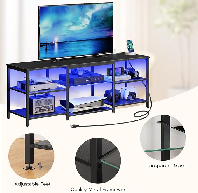 HOOBRO LED TV Stand for 65 Inch TVs with Charging Station Gaming Entertainment Center with 3-Tier Open Storage Long Media TV Console Table TV Stand for Living Room Bedroom Black BB20UDDS01