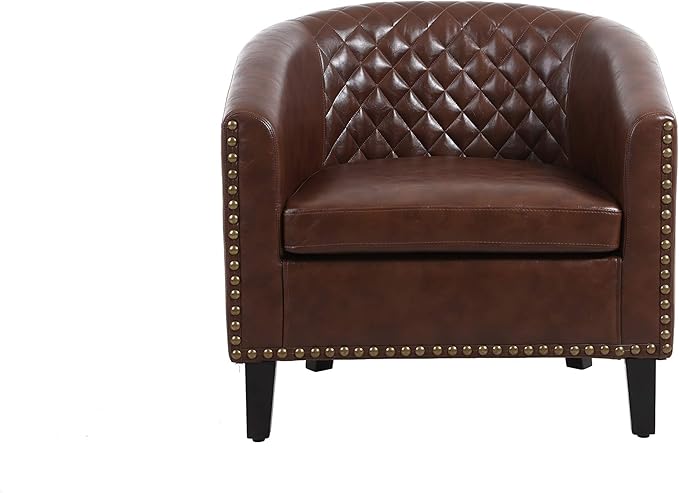 Accent Barrel Chair Living Room Chair with Nailheads and Solid Wood Legs Brown pu Leather