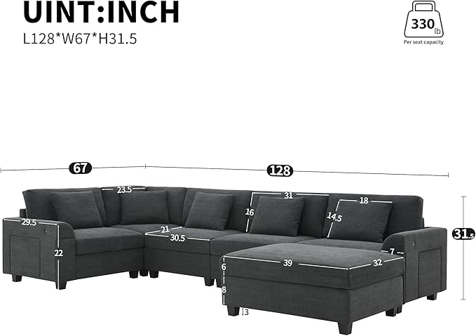 128*67 U Shaped Sectional Sofa 6 Seat Chenille Couch Set with Oversized Ottoman Hidden Armrest Storage and Cup Holders USB Charging Ports Wide Seat Sofa for Living Room Apartment Black
