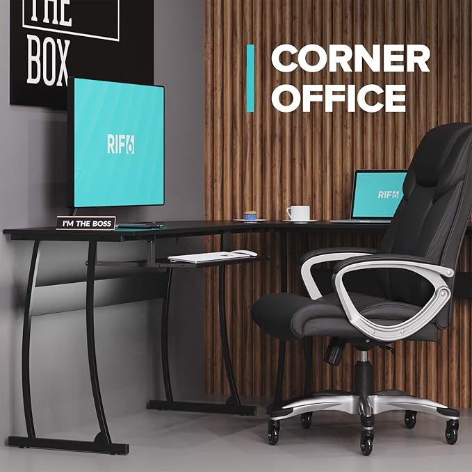RIF6 L Shaped Modern Computer Home Office Gaming Desk with Keyboard Tray and Cable Management Easy Assembly Black
