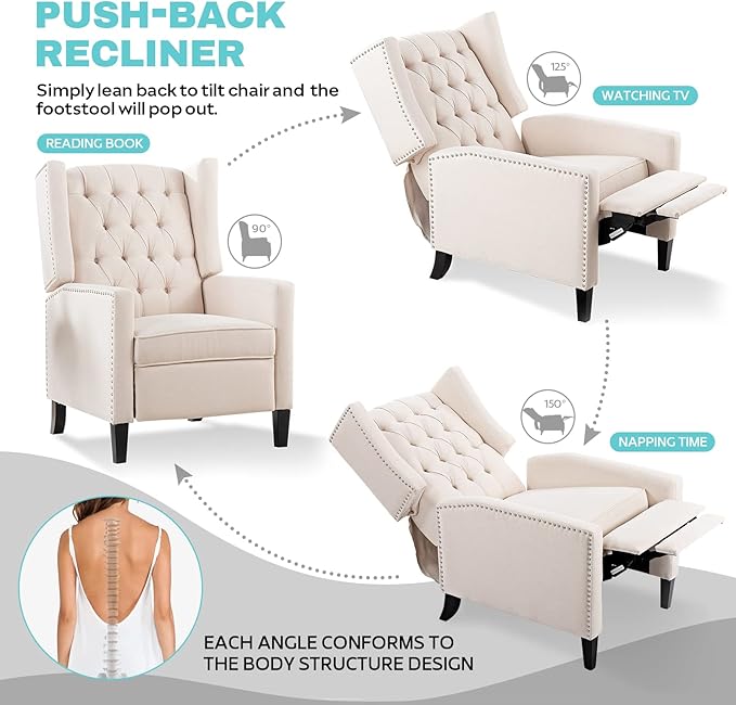 Fabric Recliner Chair Accent Living Room Chairs White Modern Mid-Century Recliner Button Tufted Club Chair Upholstered Reclining Reading Arm Chair 27 Wide