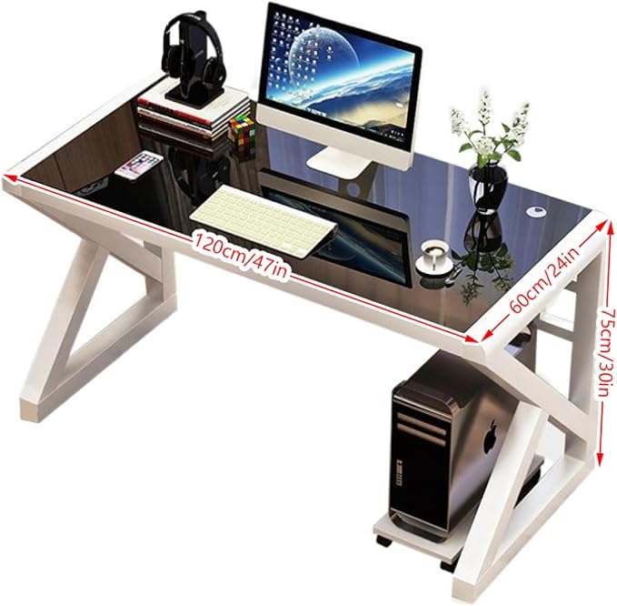 Tempered Glass Computer Desk Modern Home Office Desk Gaming Desk Writing Study Table Workstation for Home Office(120CM Pink+White Frame)