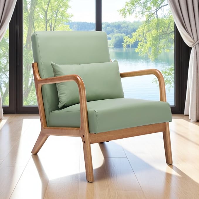 Mid Century Modern Accent Chair Arm Chair Living Room Chairs with Lumbar Pillow Upholstered Reading Chair with Solid Wood Frame &amp Cat-Scratch Leather for Living Room Bedroom