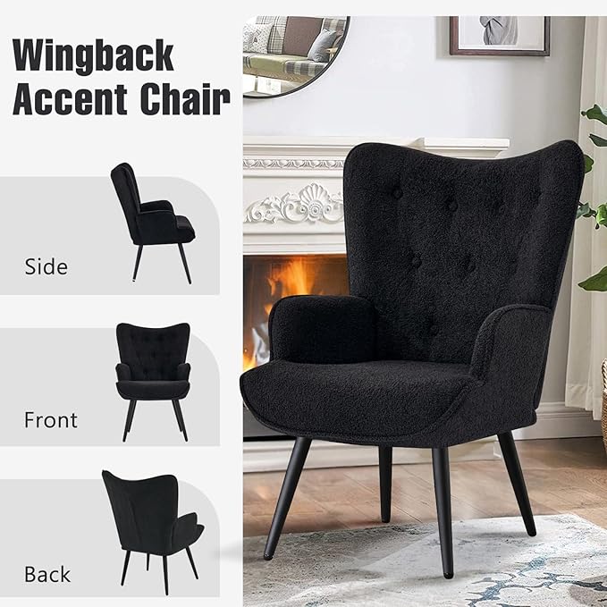 Furniliving Boucle Accent Chair for Living Room Upholstered Reading Chair with High Backrest Tufted-Button Wingback Armchair for Bedroom Dressing Room Home Office Black Set of 2