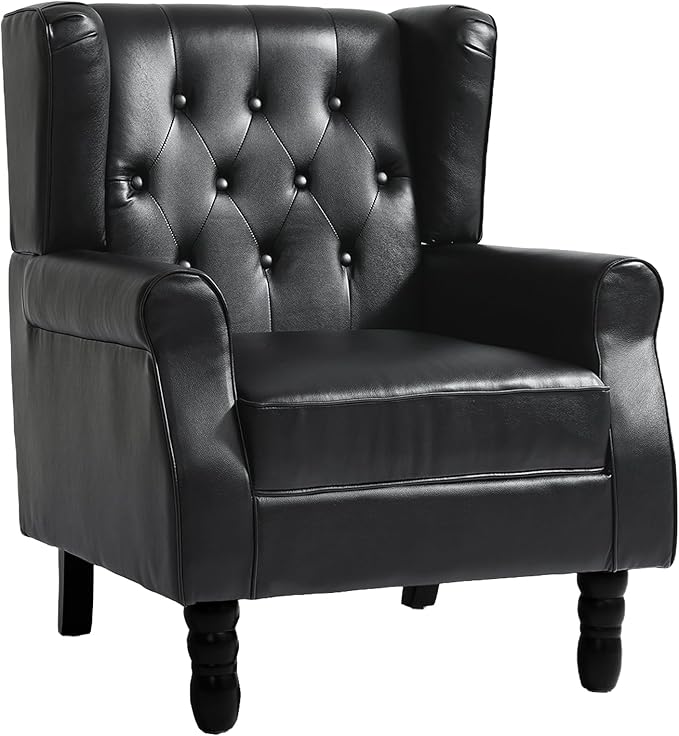UIXE Faux Leather Accent Chairs Set of 2 High Back Upholstered Armchair for Living Room Wingback Chair Comfy Single Sofa Bedroom Reading Seat with Solid Wood Legs - Black