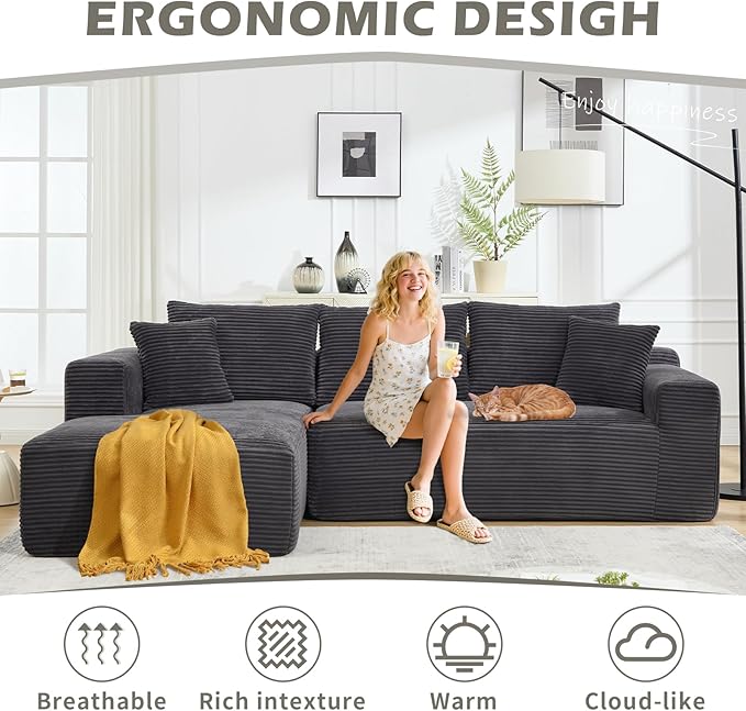 108.3 Modular Sectional Sofa Couches for Living Room Modern Boneless Couch Cloud Foam Floor Upholstered Couches with Chaise L-Shape Sofa Couch for Bedroom Left Facing Chaise Gray