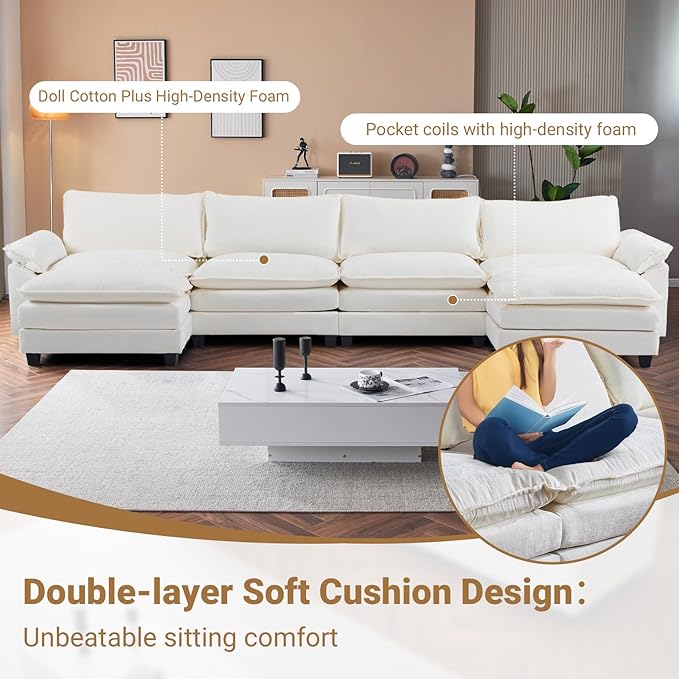 VINGLI 157 Cloud White/Cream Convertible Sectional Sofa Comfy U-Shape Extra Deep Seat Sofa Couch for Living RoomModern Chenille 4-Seat Convertible Sofa with 2 Movable Ottomans for Small Space