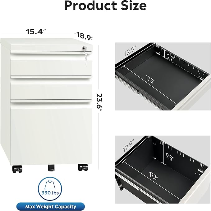 DEVAISE 3-Drawer Mobile File Cabinet with Lock Legal/Letter Size Carbon White