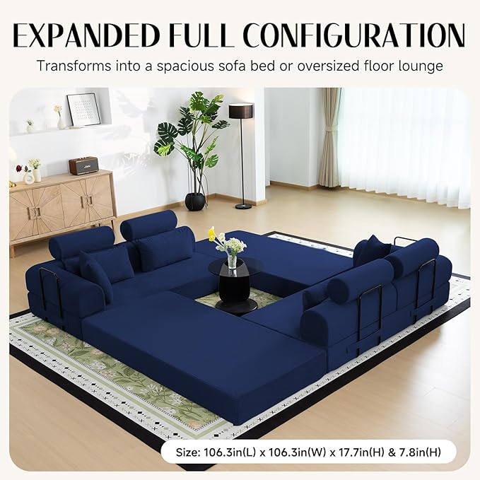 106 L-Shaped Modular Boneless Couch 2-Piece System (2×70.87) Convertible Sectional to 141.7 Straight Sofa Corduroy Couch in a Box Headrest &amp Back Pillows for Living Room Navy Blue