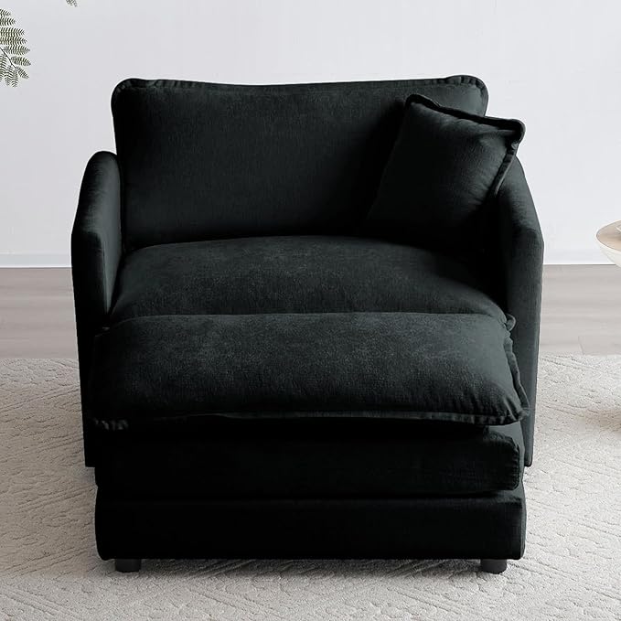 KIVENJAJA 41.4”W Oversized Sofa Chair with Ottoman Modern Chenille Deep Seat Single Couch Armchair Comfy Chaise Lounge Indoor with Pillow for Living Room Bedroom Apartment Black