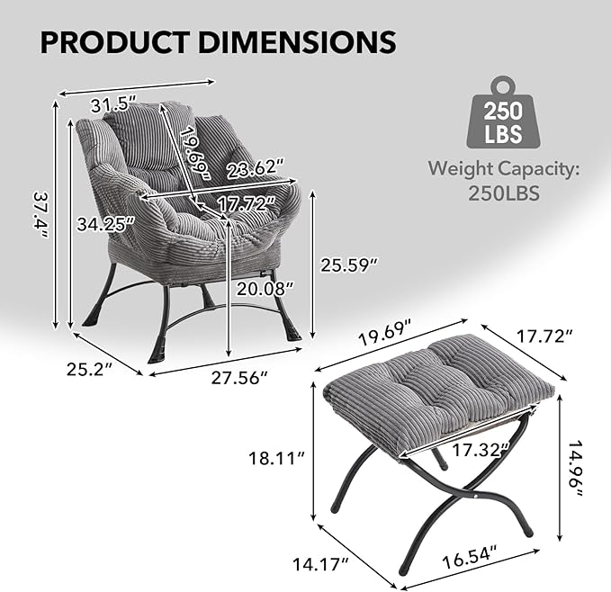 NIOIIKIT Leisure Lazy Chair with Ottoman Corduroy Upholstered Lounge Armchair with Side Pocket Comfy Reading Chair Lazy Sofa Chair for Living Room Bedroom Office (Grey)