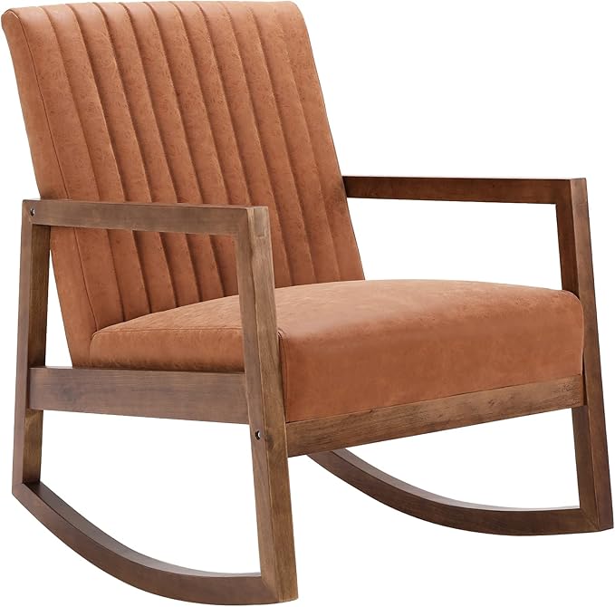 Mid Century Rocking Chair with Wood Frames Faux Leather Upholstered Farmhouse Living Room Chair for Living Room Bedroom Burnt Orange