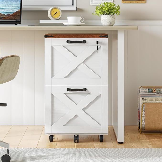 HOOBRO 2 Drawer File Cabinet with Lock Under Desk Mobile Filing Cabinet for Home Office Wooden Farmhouse Office Storage Cabinet Printer Stand Fits Letter and A4 Size Walnut and White WH66WJ01