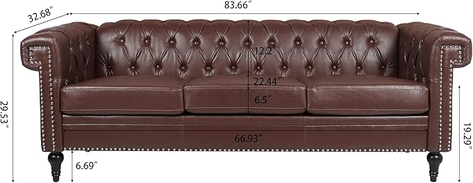 83.66''Chesterfield Sofa Mid Century Modern Tufted Sofas with Rolled Arms and Nailhead 3-Seat Upholstered Leather Sofa Couch with Solid Wood Legs for Living Room Office Dark Brown PU