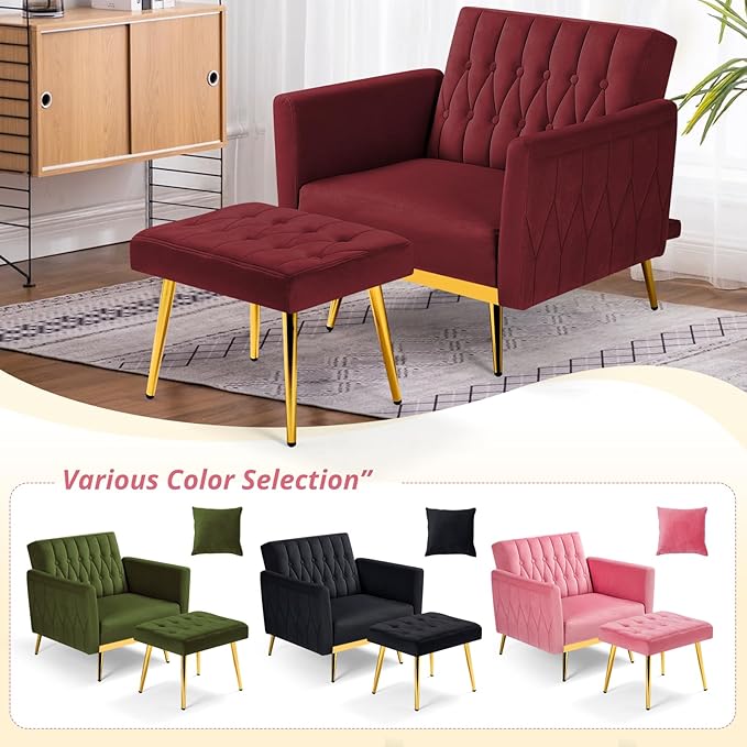 Velvet Accent Chair with Adjustable Armrests and Backrest Button Tufted Lounge Chair Single Recliner Armchair with Ottoman and Pillow for Living Room Bedroom Red