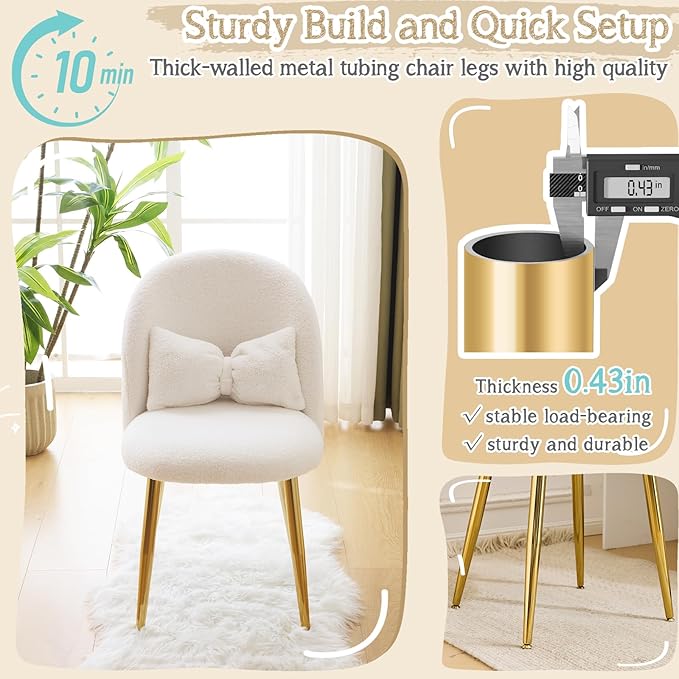 VINGLI Boucle Girls Vanity Chair with Back &amp PillowCute Small Cozy Desk Chair No WheelsComfy Makeup Ch with Ajustable Gold Legsfor BedroomLiving RoomSmall SpaceWhite