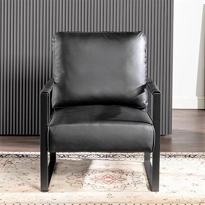 Mid-Century Modern Accent Chair with Metal Frame Black Faux Leather for Living Room Bedroom or Home Office