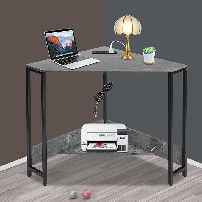 26.77 * 29.53in Corner Computer Desk Corner Table with Outlets Triangle Desk with Storage for Home Office Workstation Living Room Bedroom Rustic Gray