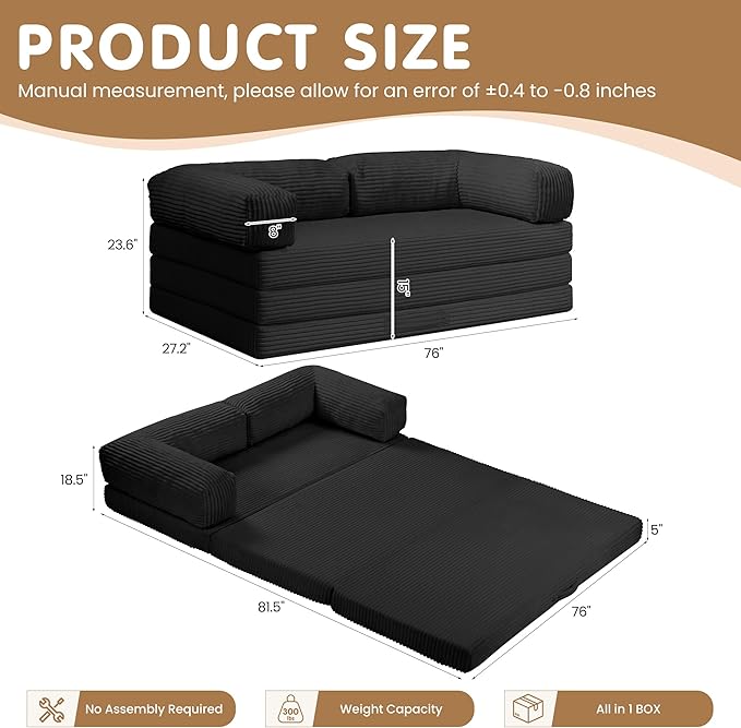 Convertible Sofa Bed King5-in-1 Folding Boneless Couch Corduroy Futon Sofa BedTri-Fold Mattress with Removable Armrests &amp HandleSleeper with Pull Out Bed for Small Space Living Room Bedroom