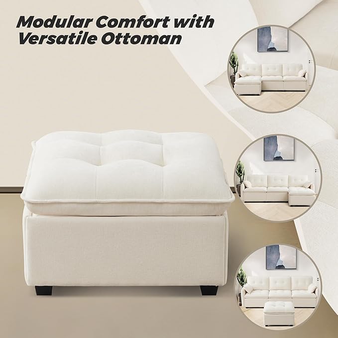 Oversized Modular Sectional Sofa with Ottoman 96.5 Inch 3 Seat Deep Seat Chenille Couch Convertible L Shaped Sofa with Pillows Comfy Seating Couch for Living Room Apartment Office (Cream)