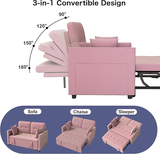 Loveseat Sleeper Sofa Bed Couch: Queen Sleeper Chair Pull Out Bed for Living Room Pink Velvet Couch Beds for Small Spaces 3 in 1 Convertible Sofa with Armrests