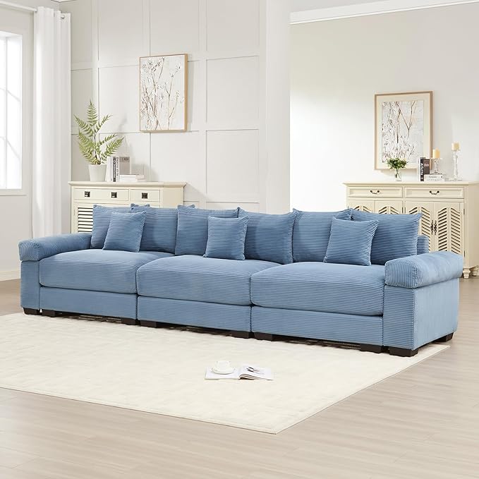 130 Corduroy Sectional Couches for Living Room Blue Comfortable Oversized Sectional Sofa Set with Deep Seat Large 3 Seater Couch Sofas para Sala Modern Corduroy Couch Set