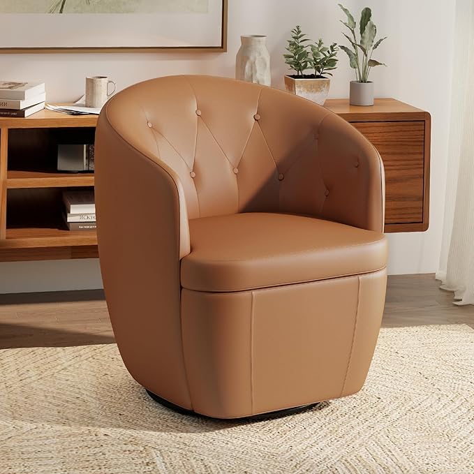360° Swivel Leather Accent Chair Modern Barrel Club Chair with Leather Upholstery and Sturdy Base Comfortable Armchair for Living Room Bedroom Reading Nook Brown