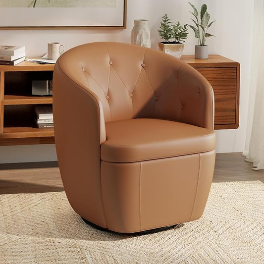 360° Swivel Leather Accent Chair Modern Barrel Club Chair with Leather Upholstery and Sturdy Base Comfortable Armchair for Living Room Bedroom Reading Nook Brown