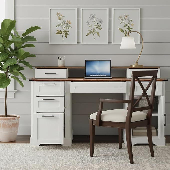 59-inch Farmhouse Home Office Desk with Charging Station – Wooden Office Study Desk with File Drawers and Storage Cabinet Barn Door Design Computer Desk for Study Living Room or Office (White)