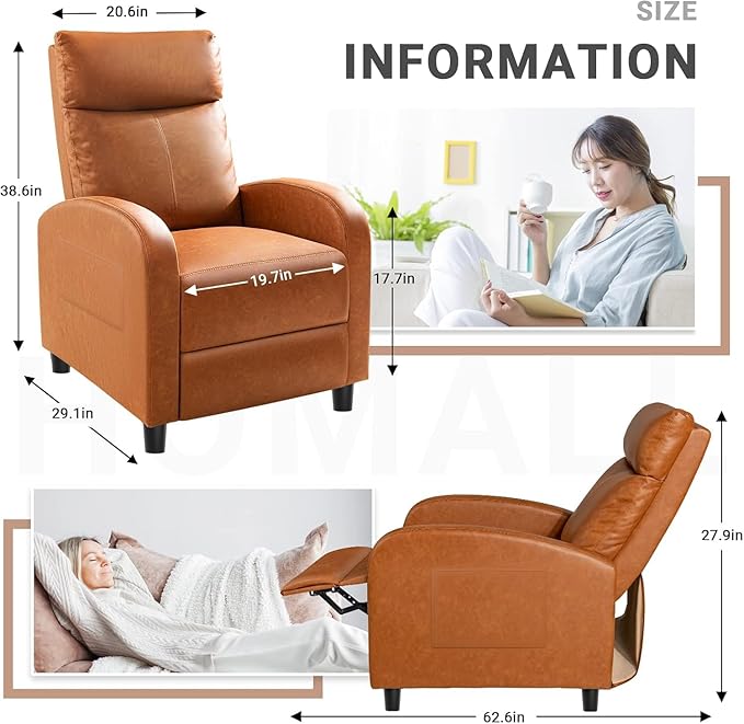 Homall Recliner Chair Recliner Sofa PU Leather for Adults Recliners Home Theater Seating with Lumbar Support Reclining Sofa Chair for Living Room (Khaki Leather)