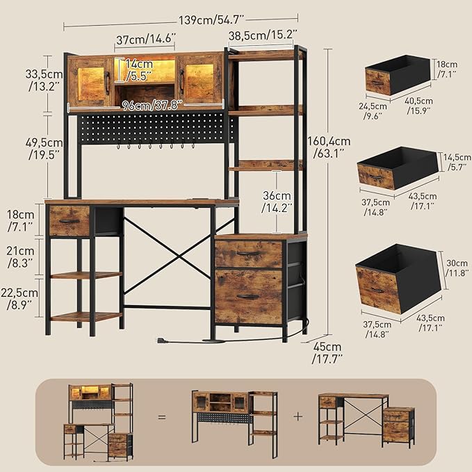 Gaming Desk with Hutch Led Computer Desk with Storage Shelves File Cabinet Gamer Desk with Drawers Pegboard Power Outlet LED Light Workstation for Home Office Black Desk with Hutch