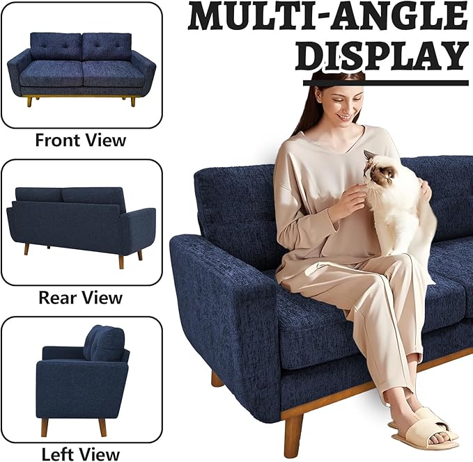 68“ Mid Century Modern Loveseat Sofa for Small Living Room Rraditional 2 Seater Couch for Office Apartment Bedroom Mini|Small|Vintage|Wood Frame|Chenille Fabric|600 LBS|Tufted (Grey Blue)
