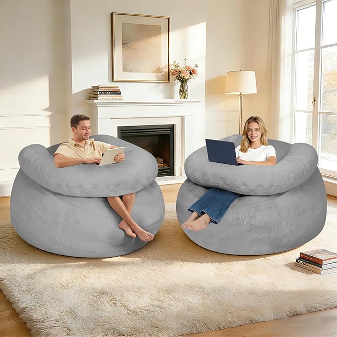 HABUTWAY Giant Bean Bag Chair Oversized Beanbag Chair with Filler Ultra Soft Faux Fur Bean Bag Lounge Floor Sofa w/U-Shaped Pillow for Gaming Reading Light Grey &amp Light Grey