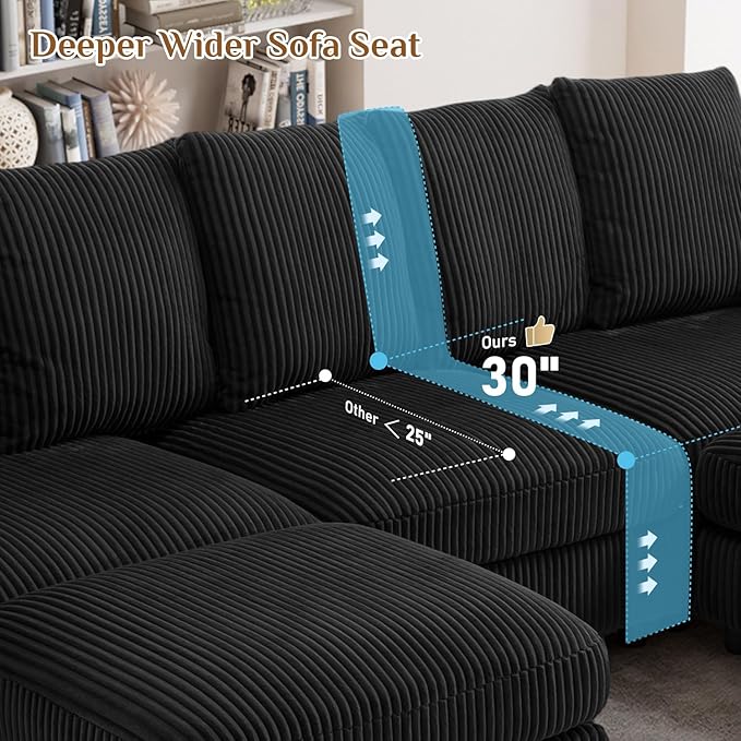 110 Oversized Cloud Couch U Shaped Modular Sectional Sofa L Shaped Sectional Couches for Living Room Comfy Corduroy Cloud Sofa with Ottoman USB Port Cup Holder Armrest Storage Side Pocket Black