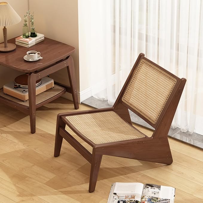 Mid-Century Accent Chair Rattan Lounge Chair for Living Room Boho Side Corner Comfy Chair for Bedroom and Balcony Walnut