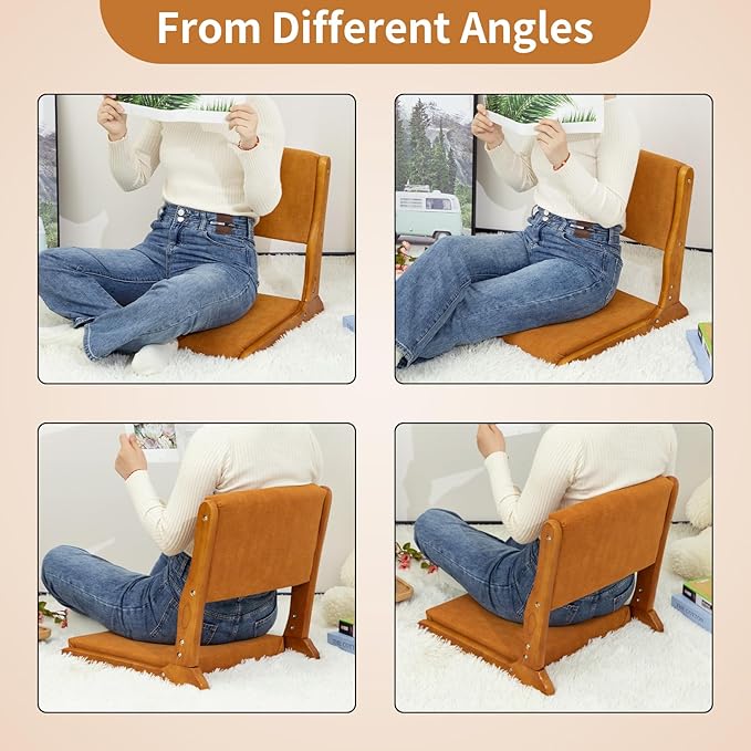 HollyHOME Foldable Japanese Style Floor Chair with Back Support Tatami Chair with Cushion Meditation Seat for Bay Window Living Room Bedroom Pumpkin Color