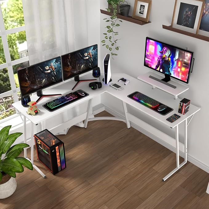 PayLessHere L Shaped Desk Corner Gaming Desk Computer Desk with Large Desktop Studying and Working and Gaming for Home and Work PlaceWhite