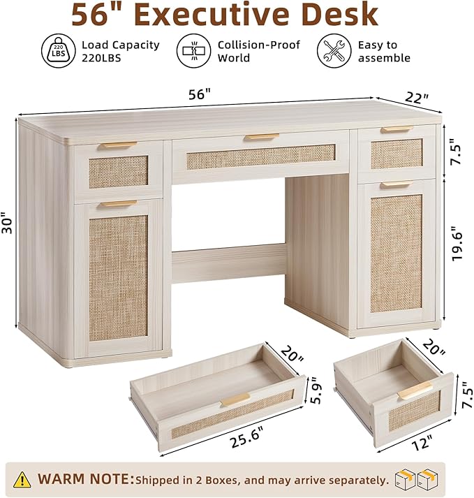LEYAOYAO Office Desk 56 with 5 Drawers Storage File Cabinet Rattan Wood Desk for Computer Office Bedroom Home Furniture Light Gray