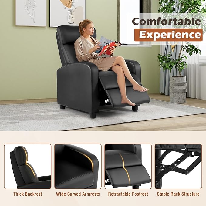 BestMassage | Recliner Chair | No Massage Function | Leather Black | with Lumbar Support Adjustable Push Back Wide Armrests Footrest &amp Padded Seat | Easy Assembly | for Living Room Home Theatr