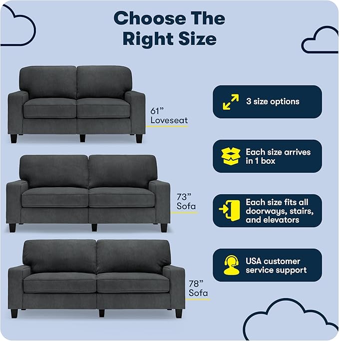 Serta Palisades 78 Track Arm Sofa Easy Care Polyester Soft Pillow Back Pocket Coil Seat Cushions Removable Covers Loveseat or Couch for Small Spaces Living Rooms or Bedrooms Charcoal