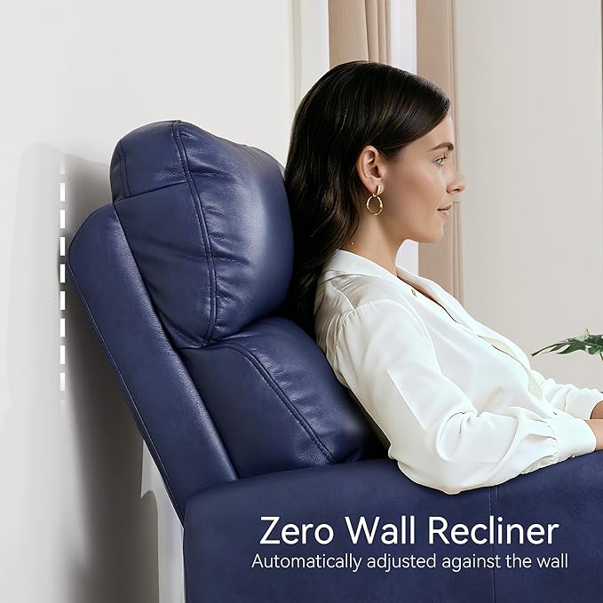 MCombo Power Small Recliners for Small Spaces Living Room RVs Modern Style Zero Wall Hugger Recliners Chair with Lumbar Support USB&ampCharging Ports FSC Certified Faux Leather PR699 (Navy Blue