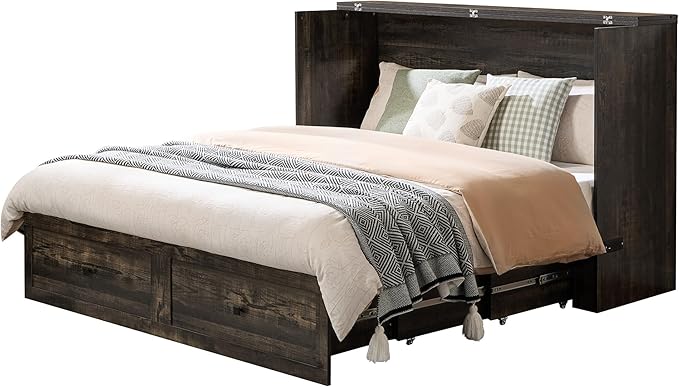 AMERLIFE Full Murphy Bed Cabinet with Charging Station and Storage Farmhouse Foldable Platform Bed for Guest Room Office Small Spaces Black Oak