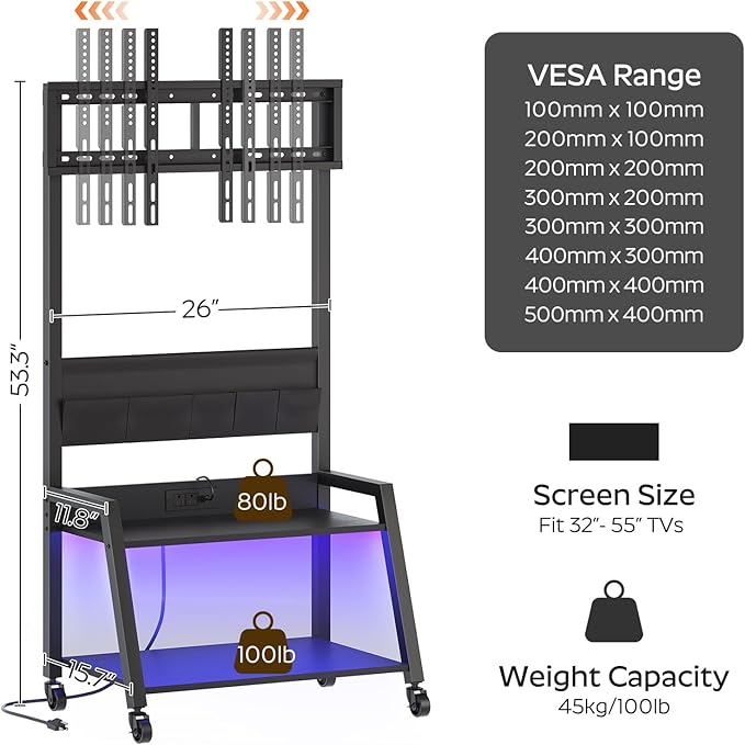 Rolling TV Stand with Power Outlet Mobile TV Stand with LED Light Up to 55 TVs TV Cart with Mount 5 Oxford Fabric Pouches for Living Room Meeting Room Black DS01UDBB
