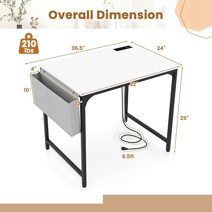 Giantex 32 Inch Computer Desk with Charging Station Home Office Writing Desk with Storage Bag &amp Headphone Hook Compact Gaming Table PC Workstation Modern Simple Laptop Desk for Bedroom Study