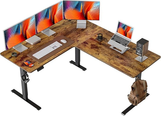 FEZIBO 63 x 55L Shaped Standing Desk Adjustable Height 63 Inch Electric Stand up Corner Computer Desk Sit Stand Home Office Desk with Splice Board Vintage-Brown