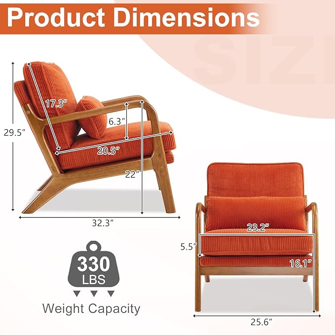 Karl home Mid-Century Modern Accent Chair Living Room Chairs with Pillow Corduroy Upholstered Lounge Armchair with Solid Wood Frame &amp Soft Cushion for Bedroom Reading Room Orange