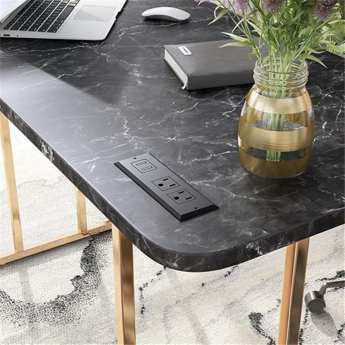 Bowery Hill Contemporary Metal Writing Desk 47.25W x 23.63D x 30.5H Steel and MDF Black and Gold Finish Rounded Corners Built-in USB Power Strip Faux Marble Top Home Office or Bedroom Desk