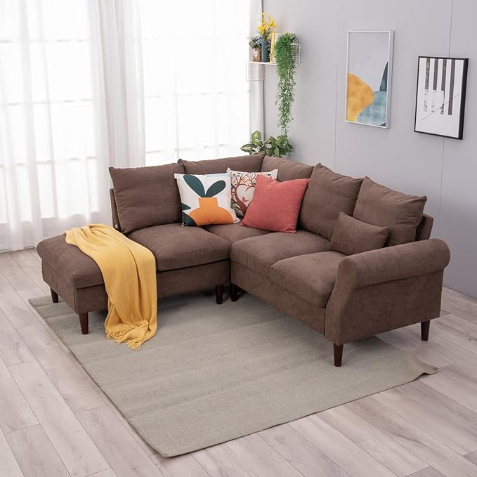 Panana Upholstered Sofa Couch Linen Fabric/Artificial Leather L Shaped Corner Sectional Modern Living Room Sofa (Brown Linen 5 seat Left Corner with Built-in USB Port)