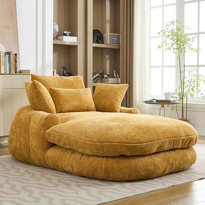 Oversized Chaise Lounge Indoor Deep Seat Boneless Sofa Bed with Throw Pillows Plush Chenille Fabric No Assembly Required Comfy Sleeper Sofa for Living Room Bedroom (YELLOW Without pocket)